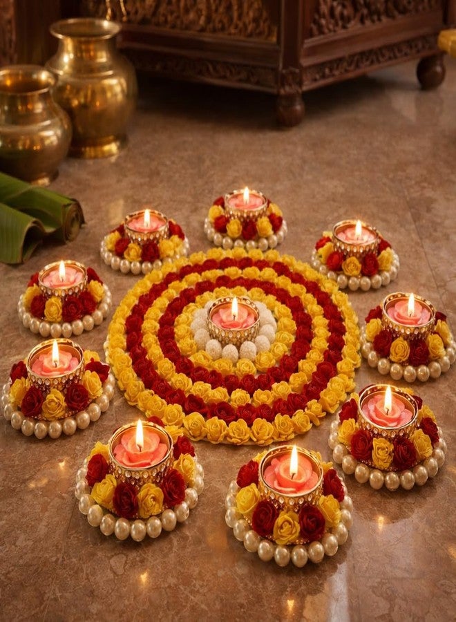 AGAAS ENTERPRISES Beautiful Set of 9 Beautiful Diwali Decoration Flower Design Metalic Diya/Tea Light Candle Holder Floor Rangoli Festival Decor Home Decoration - Image 1